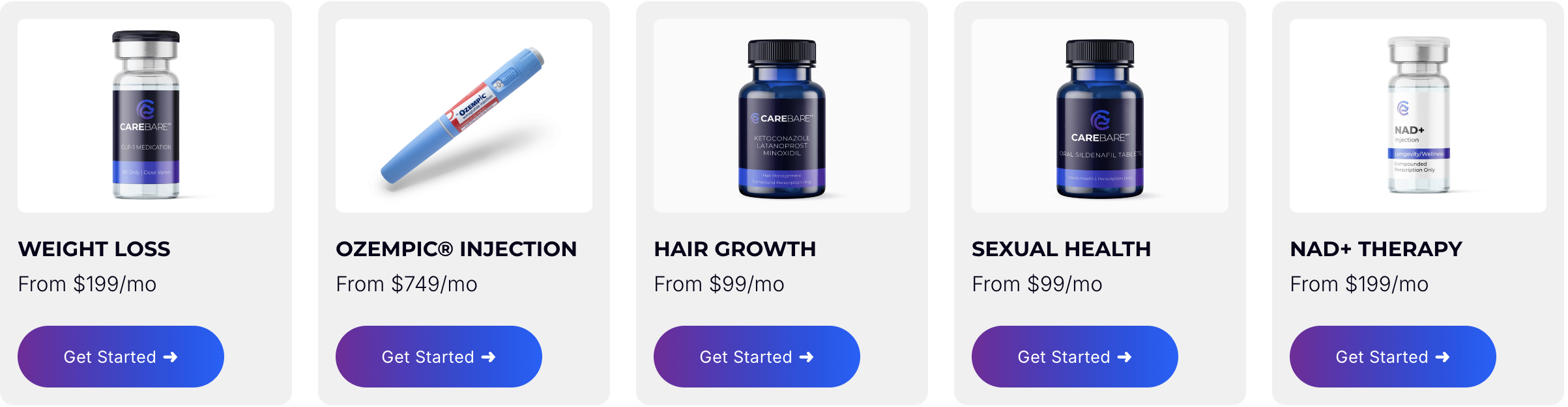 CareBareRX Products — Weight Loss $199, Ozempic $749, Hair Growth $99, Sexual Health $99, NAD+ $199